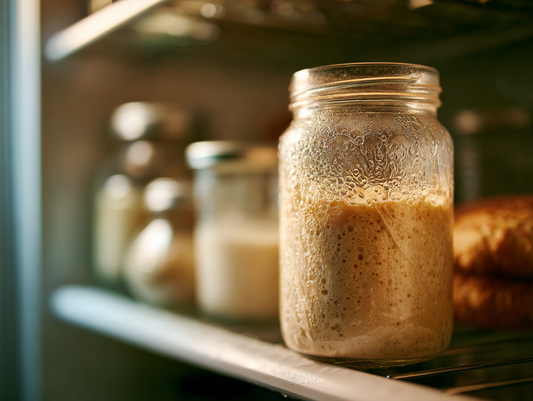 Sourdough starter stored in a glass jar inside the fridge