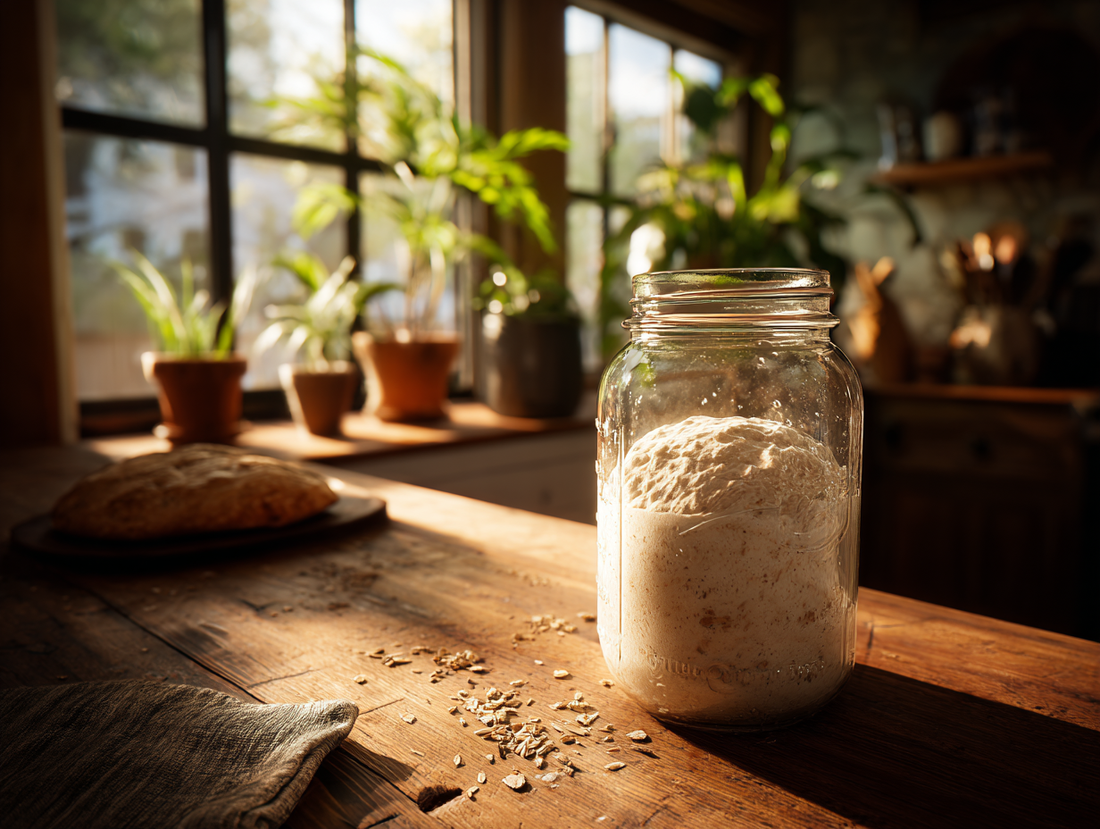Revived starter doubling in volume in warm kitchen