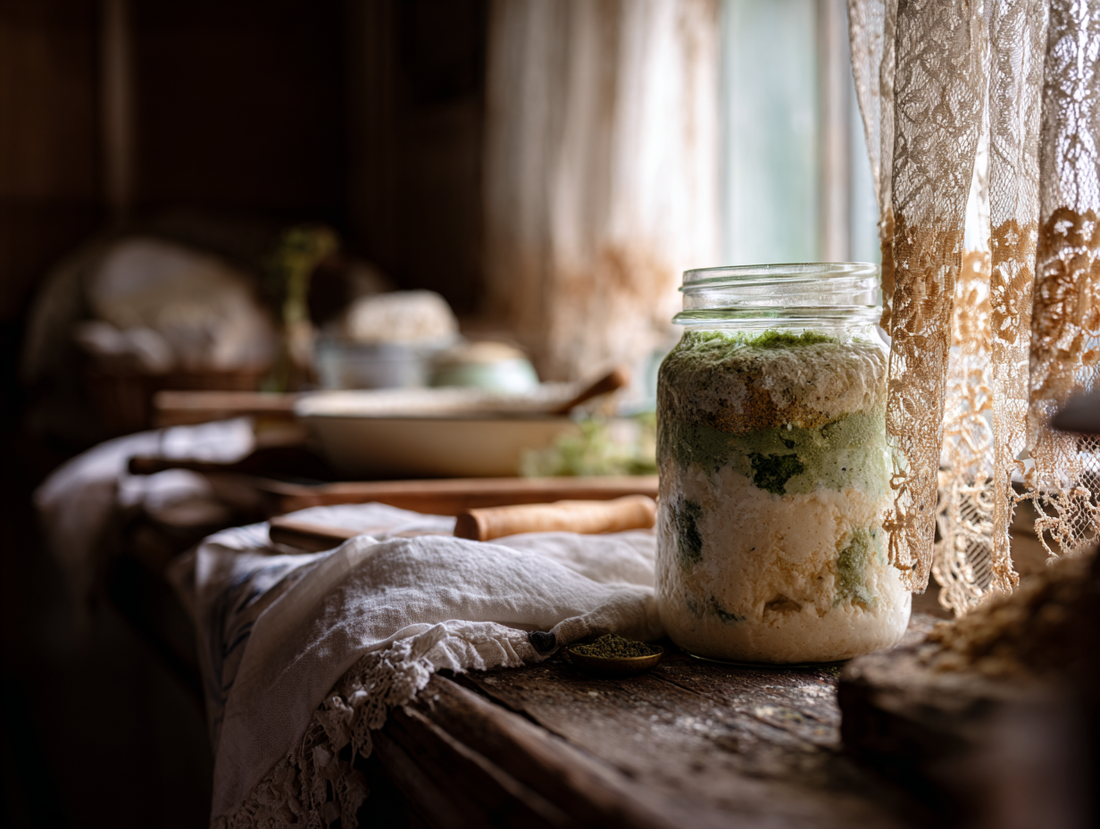 Glass jar of sourdough starter with visible green mold sitting on a rustic kitchen windowsill in soft natural light.