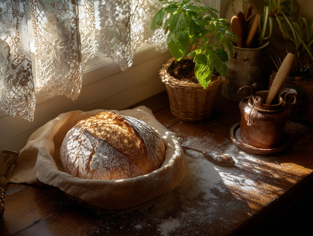 Sourdough in proofing basket with rice flour dusting