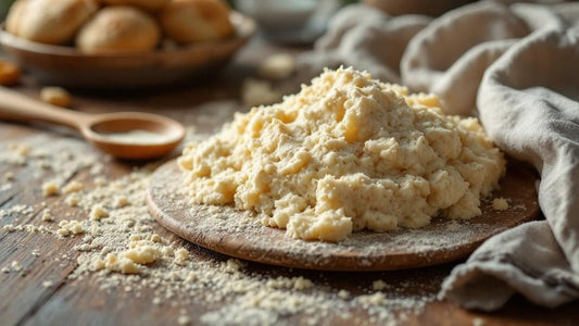 Glass jar of sourdough starter on a rustic kitchen counter next to measuring spoons on a farmhouse table — is sourdough starter yeast guide from Mother's Country Store