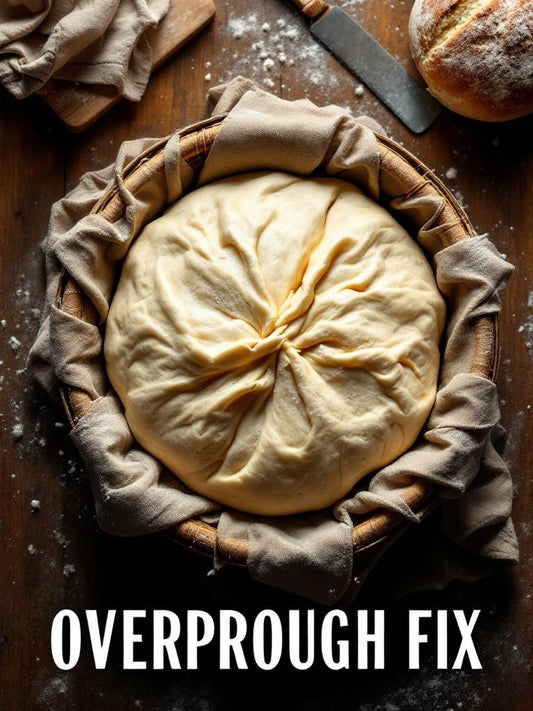 Deflated sourdough dough in banneton proofing basket with bench scraper on floured surface showing overproofed texture