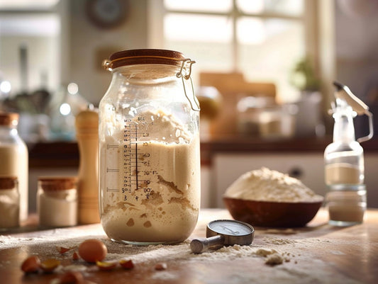 Active sourdough starter doubling in a glass jar on a linen-draped wooden surface — peak to peak feeding explained how to time your sourdough starter for maximum strength guide from Mother's Country S