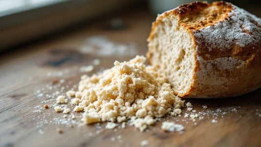 Sourdough starter culture with visible fermentation bubbles on a marble counter with flour dusting — recipes with sourdough starter discard guide from Mother's Country Store