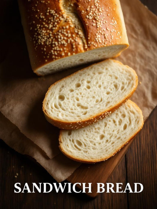 Freshly baked sourdough sandwich bread loaf sliced to reveal soft white crumb, golden sesame seed crust on rustic wooden surface