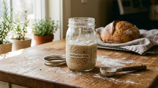Overhead view of active sourdough starter in a glass container surrounded by baking ingredients — secret good sourdough starter guide from Mother's Country Store