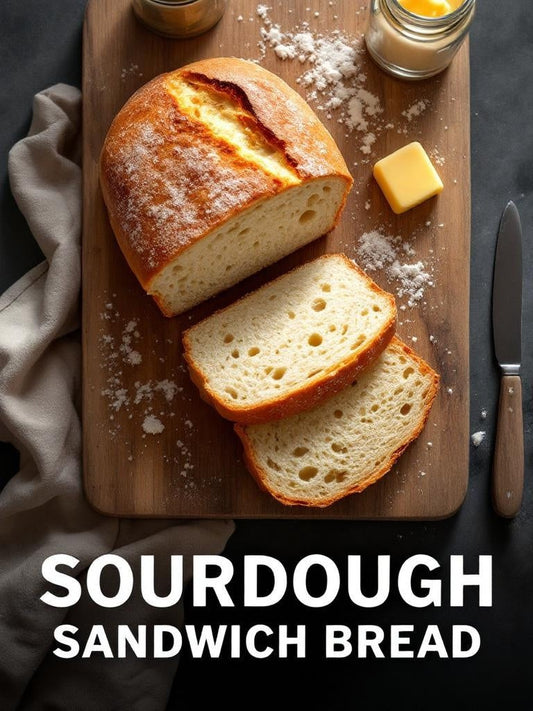 Glass jar of sourdough starter on a rustic kitchen counter next to measuring spoons on a farmhouse table — soft sourdough sandwich bread the loaf your family will actually eat guide from Mother's Coun