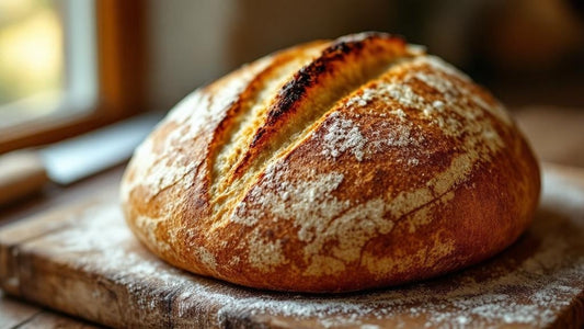 Close-up of sourdough starter texture showing gluten strands beside scattered flour and a wooden spoon — sourdough bread recipe for beginners the step nobody tells you about guide from Mother's Countr