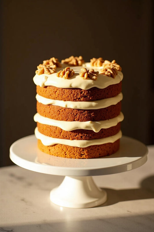 Sourdough starter in a clear glass jar showing visible bubbles beside scattered flour and a wooden spoon — sourdough carrot cake recipe guide from Mother's Country Store