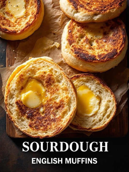 Wild yeast culture in a glass jar with wooden spoon nearby on a marble counter with flour dusting — sourdough english muffins recipe guide from Mother's Country Store