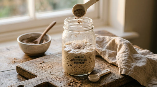 Live sourdough culture showing active wild yeast fermentation on a weathered oak kitchen counter — sourdough starter 133 rule guide from Mother's Country Store