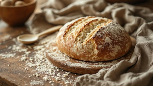 Close-up of sourdough starter texture showing gluten strands beside scattered flour and a wooden spoon — sourdough starter and bread guide from Mother's Country Store