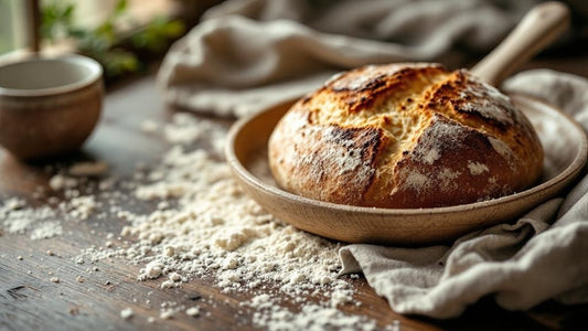 Artisan sourdough starter in a hand-thrown ceramic crock surrounded by baking ingredients — sourdough starter and bread recipe guide from Mother's Country Store