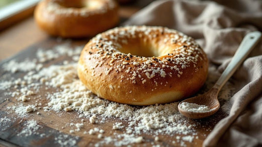 Sourdough starter being fed flour and water with a crumpled dish towel in the background — sourdough starter bagel recipe guide from Mother's Country Store