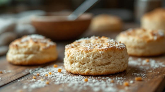 Heritage sourdough starter in a glass jar with rubber band marker beside a kitchen scale and mixing bowl — sourdough starter biscuits guide from Mother's Country Store