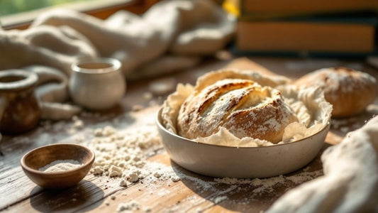 Sourdough starter in a clear glass jar showing visible bubbles beside scattered flour and a wooden spoon — sourdough starter calculator guide from Mother's Country Store