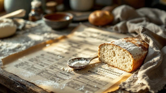 Close-up of sourdough starter texture showing gluten strands beside scattered flour and a wooden spoon — sourdough starter chart guide from Mother's Country Store