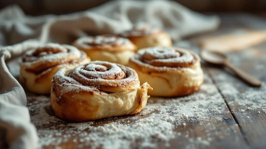 Close-up of sourdough starter texture showing gluten strands beside scattered flour and a wooden spoon — sourdough starter cinnamon rolls recipe guide from Mother's Country Store