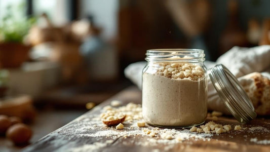 Sourdough starter with hooch layer showing hunger beside a kitchen scale and mixing bowl — sourdough starter container guide from Mother's Country Store