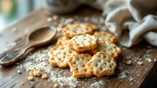 Glass jar of sourdough starter on a rustic kitchen counter next to measuring spoons on a farmhouse table — sourdough starter cracker recipe guide from Mother's Country Store