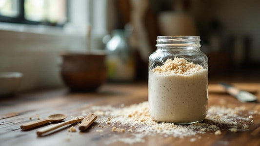 Live sourdough culture showing active wild yeast fermentation on a weathered oak kitchen counter — sourdough starter day 5 guide from Mother's Country Store
