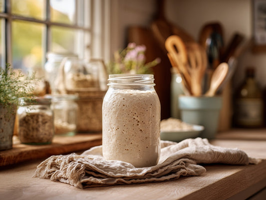 Heritage sourdough starter in a glass jar with rubber band marker beside a kitchen scale and mixing bowl — sourdough starter day by day guide guide from Mother's Country Store
