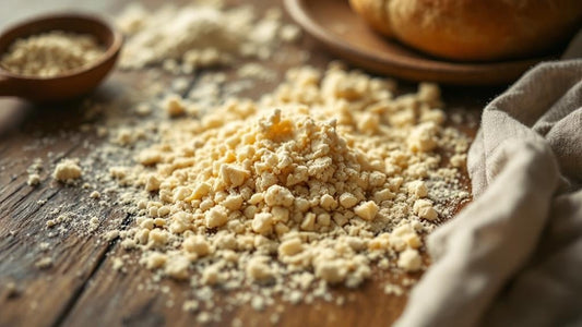 Sourdough starter being fed flour and water with a crumpled dish towel in the background — sourdough starter discard recipes guide from Mother's Country Store