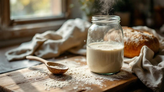 Glass jar of sourdough starter on a rustic kitchen counter next to measuring spoons on a farmhouse table — sourdough starter equipment guide from Mother's Country Store
