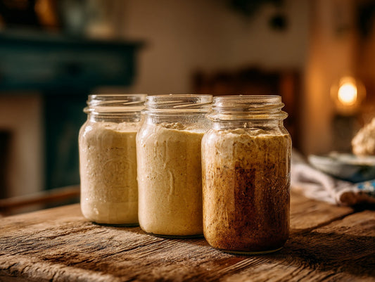 Artisan sourdough starter in a hand-thrown ceramic crock surrounded by baking ingredients — sourdough starter feeding guide guide from Mother's Country Store