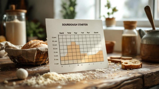 Glass jar of sourdough starter on a rustic kitchen counter next to measuring spoons on a farmhouse table — sourdough starter feeding ratio chart guide from Mother's Country Store