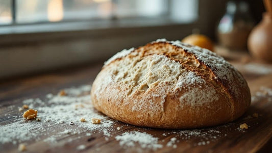 Wild yeast culture in a glass jar with wooden spoon nearby on a marble counter with flour dusting — sourdough starter feeding schedule guide from Mother's Country Store