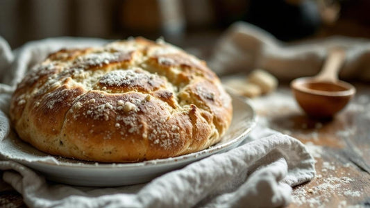 Artisan sourdough starter in a hand-thrown ceramic crock surrounded by baking ingredients — sourdough starter focaccia recipe guide from Mother's Country Store