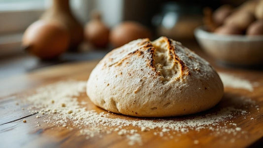 Wild yeast sourdough culture in a mason jar with a crumpled dish towel in the background — sourdough starter for pizza guide from Mother's Country Store