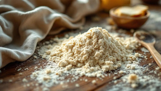 Sourdough starter in a clear glass jar showing visible bubbles beside scattered flour and a wooden spoon — sourdough starter for sale near me guide from Mother's Country Store