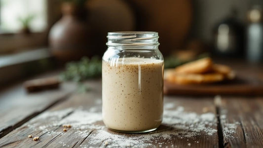 Live sourdough culture showing active wild yeast fermentation on a weathered oak kitchen counter — sourdough starter glass jar guide from Mother's Country Store