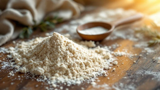 Sourdough starter with a domed top at peak rise next to measuring spoons on a farmhouse table — sourdough starter grams to cups guide from Mother's Country Store