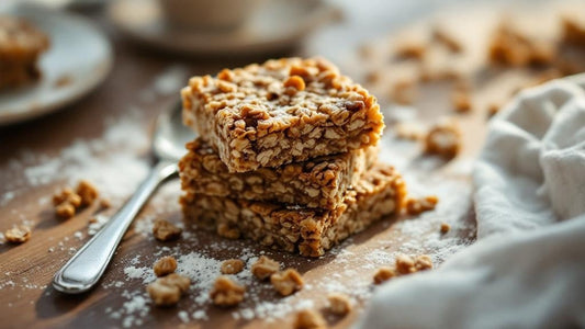 Sourdough starter in a clear glass jar showing visible bubbles beside scattered flour and a wooden spoon — sourdough starter granola bars guide from Mother's Country Store