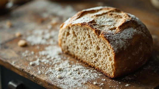 Sourdough starter culture with visible fermentation bubbles on a marble counter with flour dusting — sourdough starter grey on top guide from Mother's Country Store