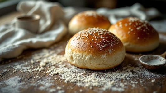 Live sourdough culture showing active wild yeast fermentation on a weathered oak kitchen counter — sourdough starter hamburger buns guide from Mother's Country Store