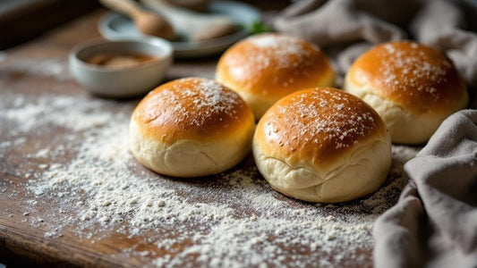 Close-up of sourdough starter texture showing gluten strands beside scattered flour and a wooden spoon — sourdough starter hamburger buns recipe guide from Mother's Country Store