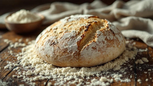 Wild yeast culture in a glass jar with wooden spoon nearby on a marble counter with flour dusting — sourdough starter has mold guide from Mother's Country Store