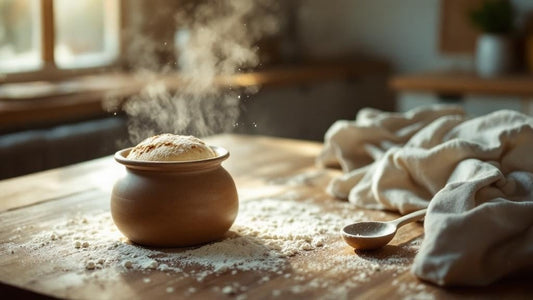 Sourdough starter with a domed top at peak rise next to measuring spoons on a farmhouse table — sourdough starter heater guide from Mother's Country Store