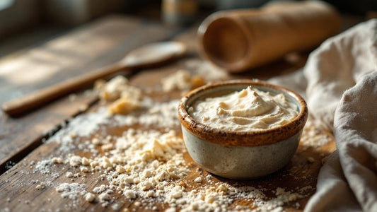 Sourdough starter culture with visible fermentation bubbles on a marble counter with flour dusting — sourdough starter hooch guide from Mother's Country Store