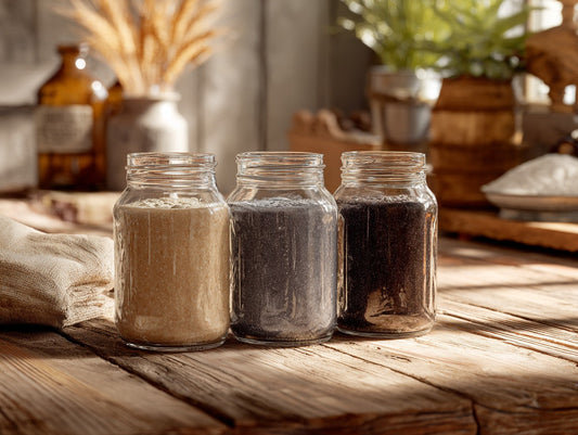 Sourdough starter in a clear glass jar showing visible bubbles beside scattered flour and a wooden spoon — sourdough starter hooch guide guide from Mother's Country Store