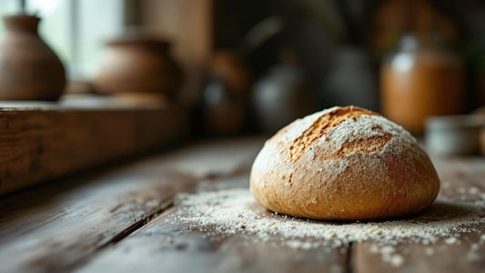 Sourdough starter being fed flour and water with a crumpled dish towel in the background — sourdough starter in cold house guide from Mother's Country Store