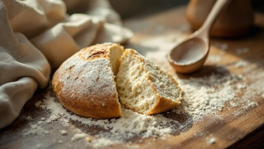 Sourdough starter being fed flour and water with a crumpled dish towel in the background — sourdough starter in spanish guide from Mother's Country Store