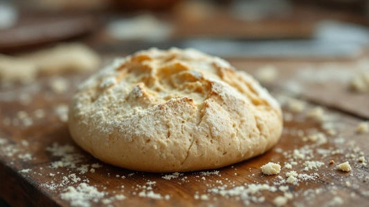 Close-up of sourdough starter texture showing gluten strands beside scattered flour and a wooden spoon — sourdough starter is runny guide from Mother's Country Store