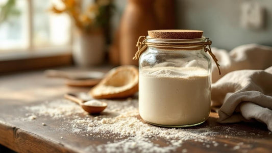 Sourdough starter being fed flour and water with a crumpled dish towel in the background — sourdough starter jar kit guide from Mother's Country Store
