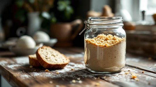Artisan sourdough starter in a hand-thrown ceramic crock surrounded by baking ingredients — sourdough starter jar near me guide from Mother's Country Store