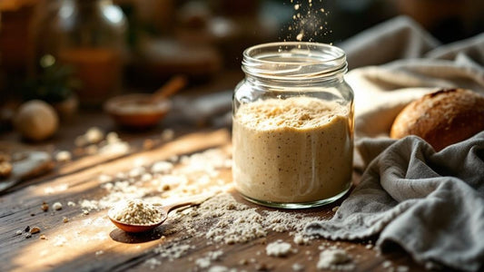 Artisan sourdough starter in a hand-thrown ceramic crock surrounded by baking ingredients — sourdough starter jar size guide from Mother's Country Store